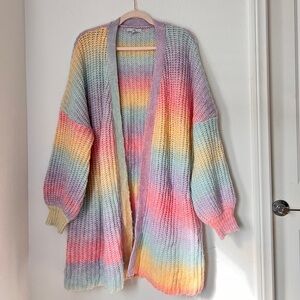 Fate Boho Multicolor Cable Knit Cardigan Open Front Cozy Sweater Large